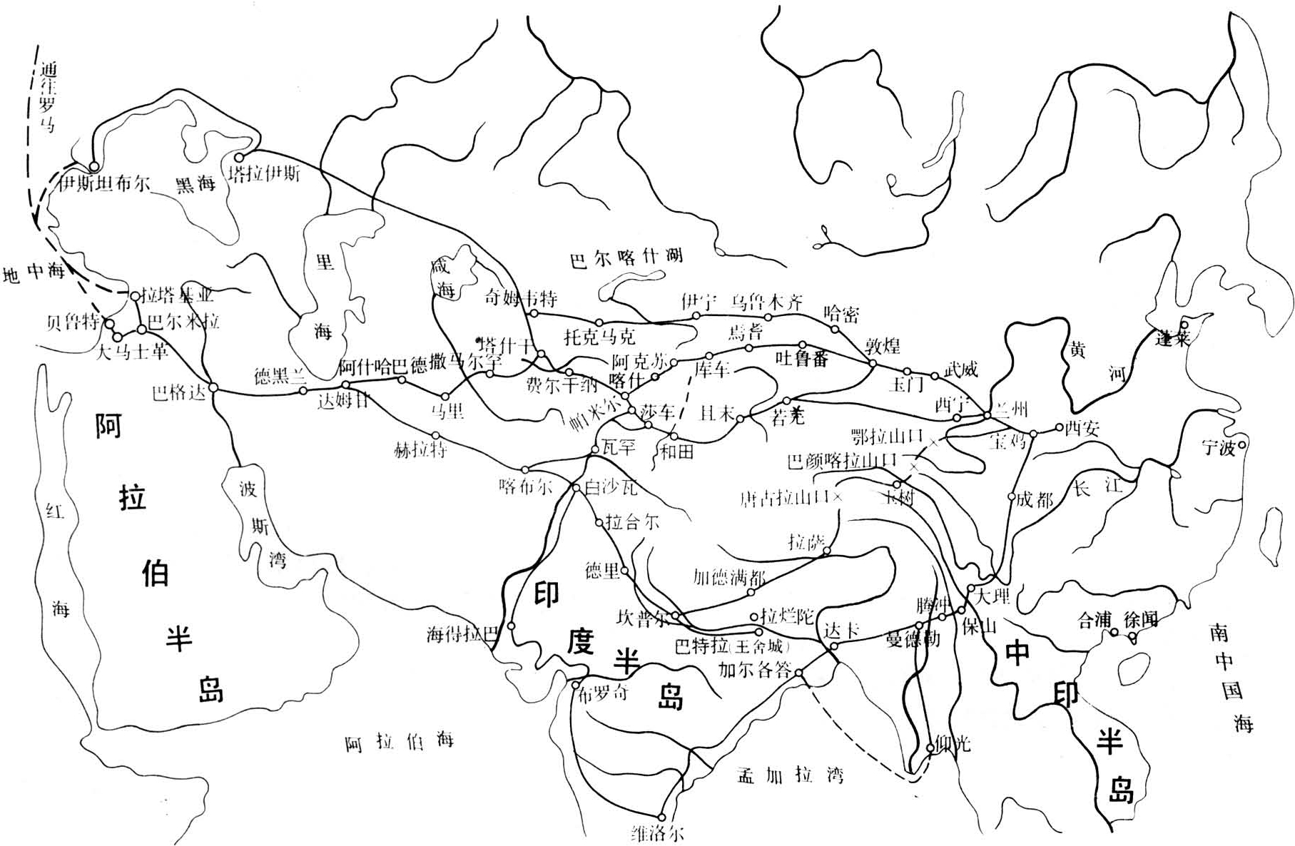 丝绸之路主要路线示意图海上丝绸之路有南,北航线.